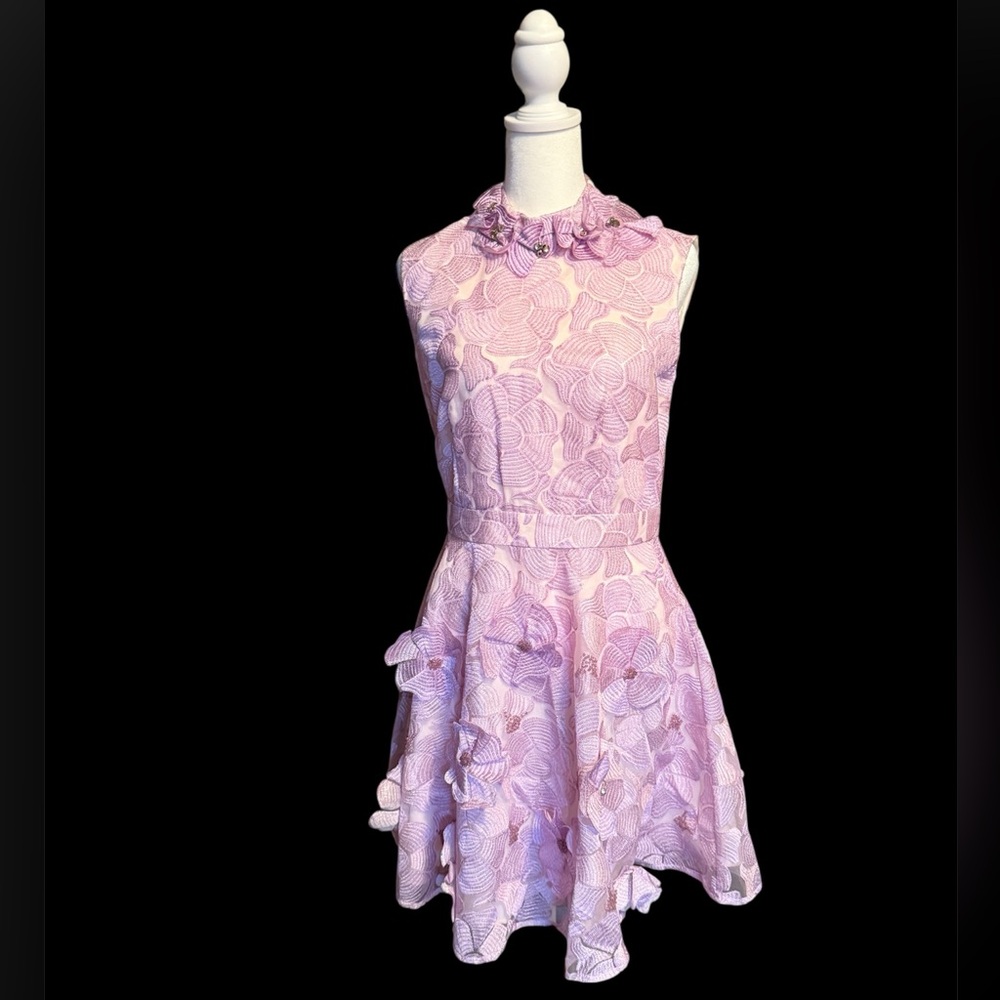 Moiselle Lavender & Pink Lined Appliqué Dress-Size 38-See Measurements